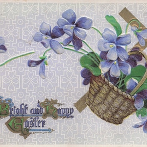 "Ostern: ""A Bright and Happy Easter"" Antike Postkarte - Geprägtes Blumenkorb-Design (um 1910)"