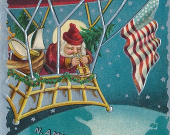 Christmas: Antique "Christmas Greetings" Airship Postcard, 1910 Vintage Santa Collectible