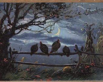 Antique Raphael Tuck Thanksgiving Postcard – Turkeys Under a Crescent Moon | Thanksgiving Day | Tuck’s Series No. 123 | Unused