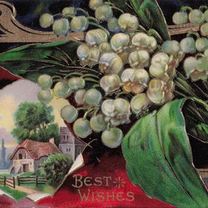 Antike Jugendstil-Postkarte – Maiglöckchen & Landhaus-Szene – Geprägt – “Best Wishes” – Gedruckt in Deutschland