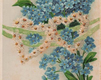 Antique Valentine Greetings Postcard – Forget-Me-Nots & Daisy Heart Romantic Floral Card
