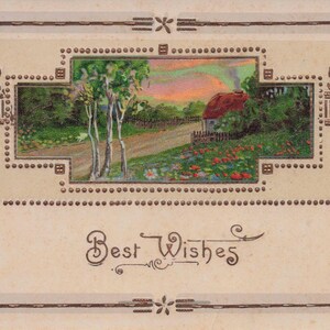 Carte Postale Ancienne "Best Wishes" – Paysage Champêtre & Éléments Dorés !