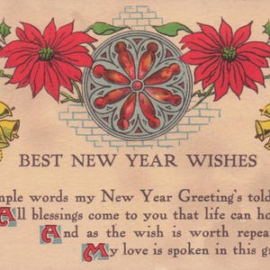 Capodanno: elegante cartolina antica "I migliori auguri per il nuovo anno" - Affascinante saluto del 1915 con stelle di Natale e campanelli