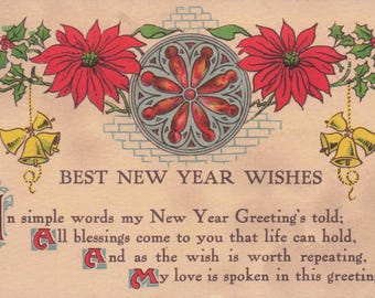 Antieke nieuwjaarskaart uit 1915: kerstster en bellen