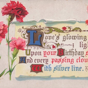 Birthday: Antike Geburtstags-Postkarte – “Love’s Glowing Light” with Pink and Red Nelken – Serie 101 C