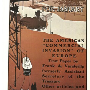 World: Vintage Scribner's Magazine poster - "The American Commercial Invasion of Europe" - uitgelicht in "100 Years of Posters" van B. Hillier