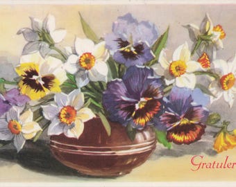 Best Wishes: Beautiful Dutch Vintage Floral Postcard – &quot;Gratulerer&quot; with Colorful Pansy Flowers