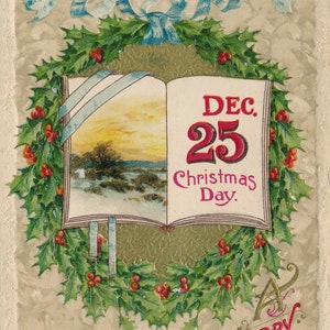 Natale: cartolina natalizia vintage degli anni '10 con decorazioni di agrifoglio e nastro - John Winsch Collectible