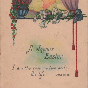 Pasqua: cartolina antica "Una gioiosa Pasqua" con gigli e versetto della Bibbia - Bible Lovers Line, serie 354D