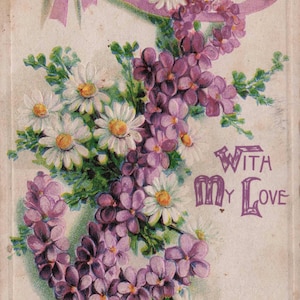 Avec tout mon amour  – Carte postale ancienne romantique et fleurie (début 1900s)