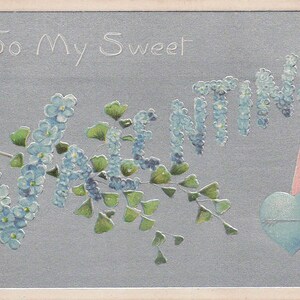 Saint-Valentin : Carte postale ancienne « À ma douce Saint-Valentin » avec un motif floral bleu et un motif de coeur, vers 1910 - Objet de collection romantique vintage