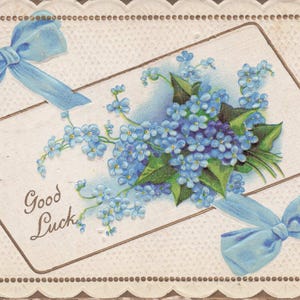 Liebe Grüße: Antike geprägte Good Luck Postkarte mit Vergissmeinnicht und blauen Schleifen | Poststempel 1912 | Serie 109 D | Bezaubernde Ephemera