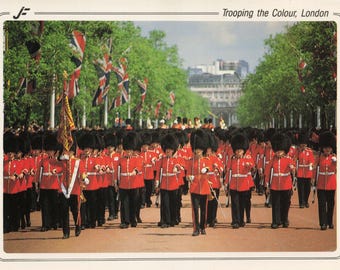 Vintage London “Trooping the Colour” Postcard – British Royal Guards Parade Souvenir Card