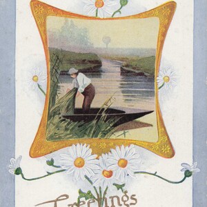 Charmante carte postale ancienne "Greetings" avec marguerites – Souvenir vintage