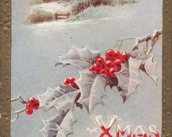 Antique Christmas Postcard | Snowy Cottage, Holly Berries, 1915 Greeting Card