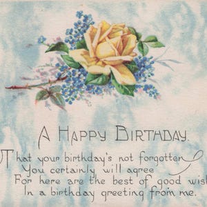 Geburtstag: Antike 1917 Geburtstagspostkarte – Gelbe Rose & Vergissmeinnicht mit poetischem Vers, Augusta, Maine