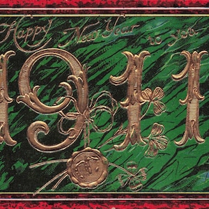 Ano Novo: Dourado Glorioso! Cartão-postal vintage de Feliz Ano Novo de 1911 – Pingente Art Déco Dourado em Relevo