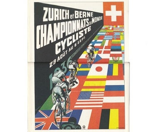 Monde : affiche du championnat du monde de cyclisme suisse des années 30 - oeuvre d'art vintage de collection de cyclistes