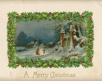 Christmas: Vintage 1910 "A Merry Christmas" Postcard - Collectible Holiday Card with Winter Village Scene