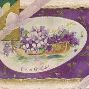 Pasqua: cartolina d'epoca "Auguri di Pasqua" del 1917 con canoa floreale
