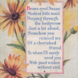 I migliori auguri: antica cartolina di Susan dagli occhi neri del 1913 - versi sentimentali con vivaci opere d'arte floreali