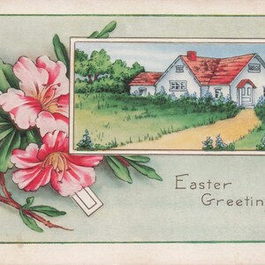 Ostern: Vintage Charm Alarm! Wunderschöne antike Osterpostkarte mit Häuschen und Blüten