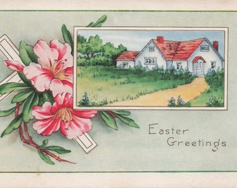 Antike Osterpostkarte: Cottage und Blüten, Vintage Greetings