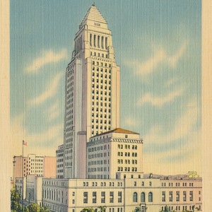 Califórnia: Cartão-postal antigo da icônica Prefeitura de Los Angeles, em Los Angeles, Califórnia. Este cartão postal de Los Angeles, Califórnia, é de aproximadamente 1930.