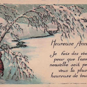 Capodanno: antica cartolina francese di Capodanno "Heureuse Année" / Scena invernale e alberi innevati / Made in USA / Primi anni del 1900