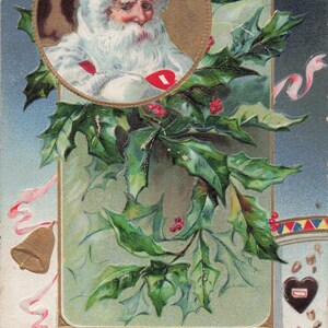 Carte Postale Ancienne de Noël - Père Noël Blanc & Houx - Début des Années 1900 - Salutations de Vacances Vintage