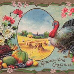 Carte Postale Ancienne de Thanksgiving – Dinde Embossée et Scène de Récolte Florale – Éphémère Allemande des Années 1900