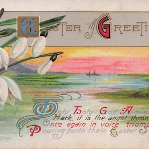 Ostern: Antike "Ostergrüße" Postkarte - Schneeglöckchen & bunter Sonnenuntergang (1900er Jahre)