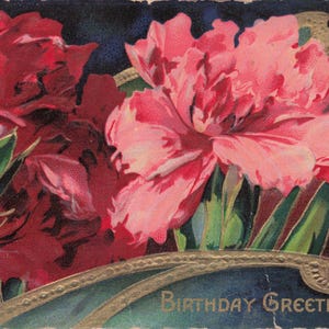 Antike Geburtstagskarte – Rosa & Rote Nelken, Blumenillustration aus den 1910er Jahren