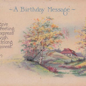 Geburtstag: Zauberhafte antike Geburtstagspostkarte von 1910 – Herbstbäume & Landhausszene – Botschaft von lebenslangem Glück