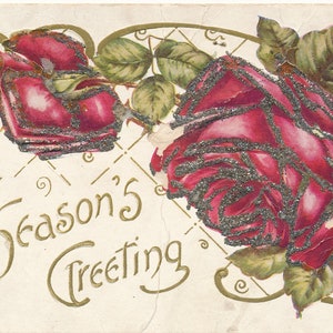 Natale: cartolina d'epoca "The Season's Greeting" con rose rosse - cartolina di Natale in rilievo dei primi anni del 1900