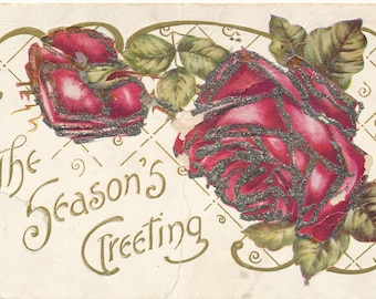 Vintage "The Season's Greeting" Postcard with Red Roses - Early 1900s Embossed Christmas Card