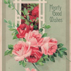 Meilleurs voeux : carte postale ancienne de 1910 « Hearty Good Wishes » en relief – Superbe design floral