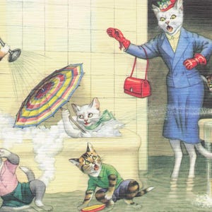 Novedad: Postal vintage con un gato de Alfred Mainzer – Caos en el baño de Eugene Hartung