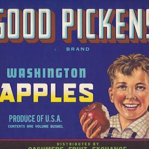 Washington: Rótulo de caixa de frutas antiga da marca Good Pickens Maçãs Washington Cashmere Fruit Exchange Cashmere Washington (1920).