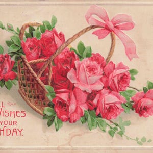 Tous mes vœux fleuris – Carte postale ancienne d'anniversaire avec roses & ruban rose (Imprimée en Allemagne, vers 1910)