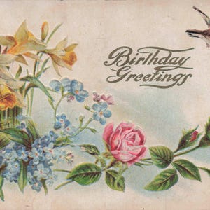 'Geburtstag: Antike geprägte 'Birthday Greetings' Blumen Postkarte mit Vogel | Vintage Serie 211 | Anfang 1900 Ephemera | Gefertigt in Deutschland
