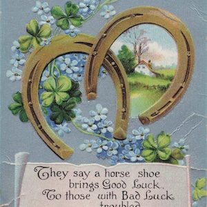 Chance Doublée ! Carte postale ancienne porte-bonheur avec fers à cheval & myosotis