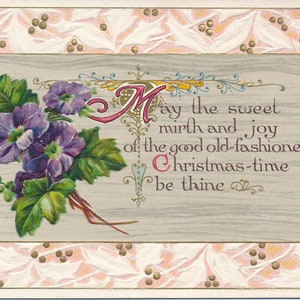 Natale: antica cartolina di Natale del 1911. Vivaci violette viola e meraviglioso messaggio natalizio.
