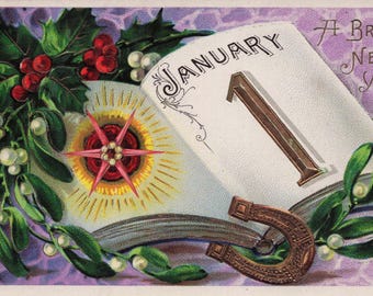 Antique New Year Postcard – January 1 Calendar, Lucky Horseshoe, Holly Mistletoe (German Embossed)