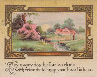 Best Wishes: Antique 1913 &quot;May Every Day Be Fair as June&quot; Postcard with Scenic Countryside - Vintage Postmarked in Alabama