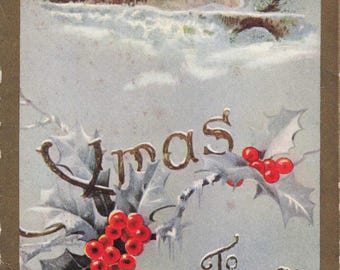 Antique Christmas Postcard | Snowy Cottage, Holly Berries, Xmas Greet You (1910s)