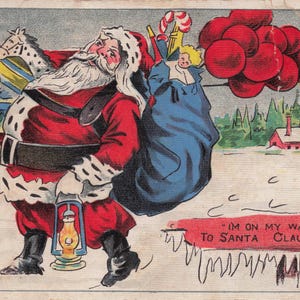 Carte Postale Vintage de Noël avec Père Noël et Couronne de Houx, Début 1900 – Carte de Vœux Antique