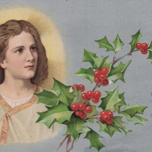 Natale: cartolina di Natale antica - disegno religioso in rilievo con agrifoglio e "auguri di Natale sinceri"