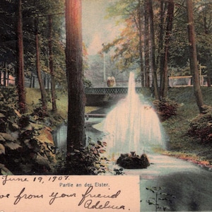 World: Vintage 1907 German Postcard – Bad Elster Fountain & Forest Scene