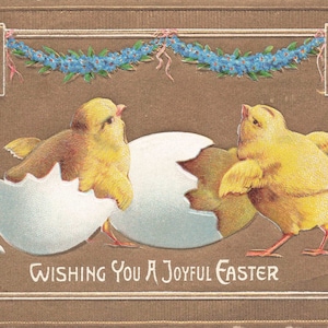 Pasqua: Antica cartolina di Pasqua con pulcini e fiori blu - Circa 1909